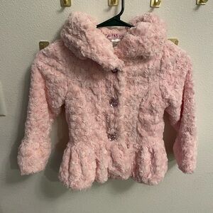 Just Fab Girls Size L Faux Fur Pink Coat With Heart Shape ‘jewel’ Buttons Beauty